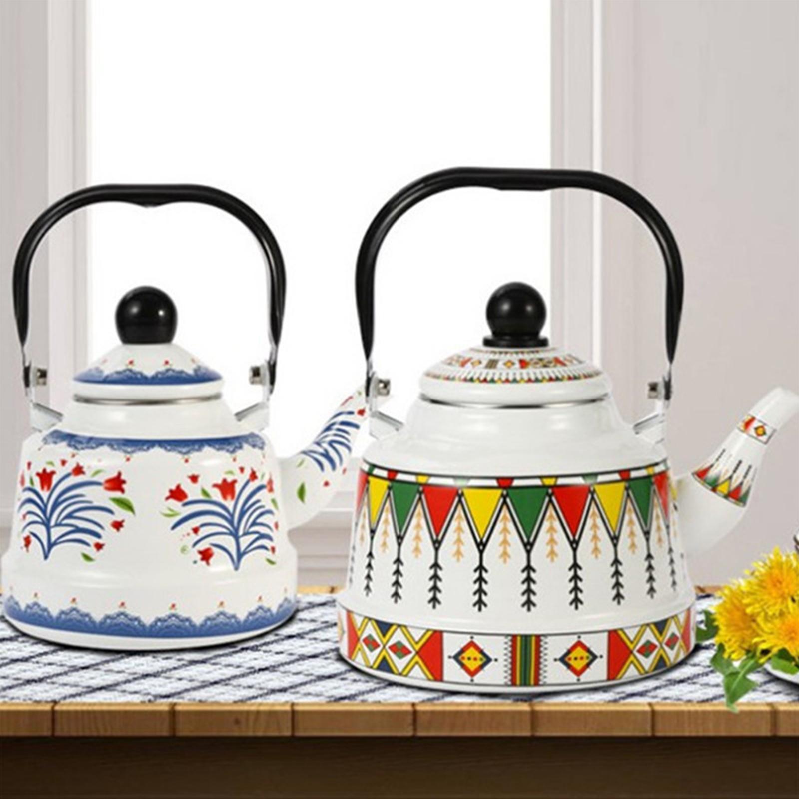 Vintage Enamel Tea Kettle Tableware 2.5L Hot Water Pot with Steel Handle