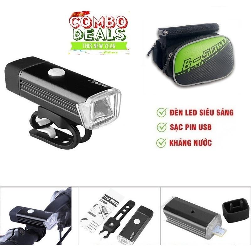 Combo Đèn pha xe đạp siêu sáng Sạc cổng USB và Túi treo sườn xe đạp