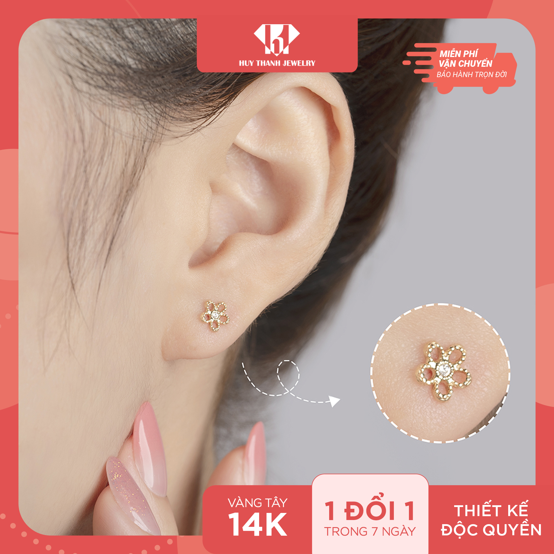 Bông Tai Nữ Vàng 14K BTAM28 Huy Thanh Jewelry