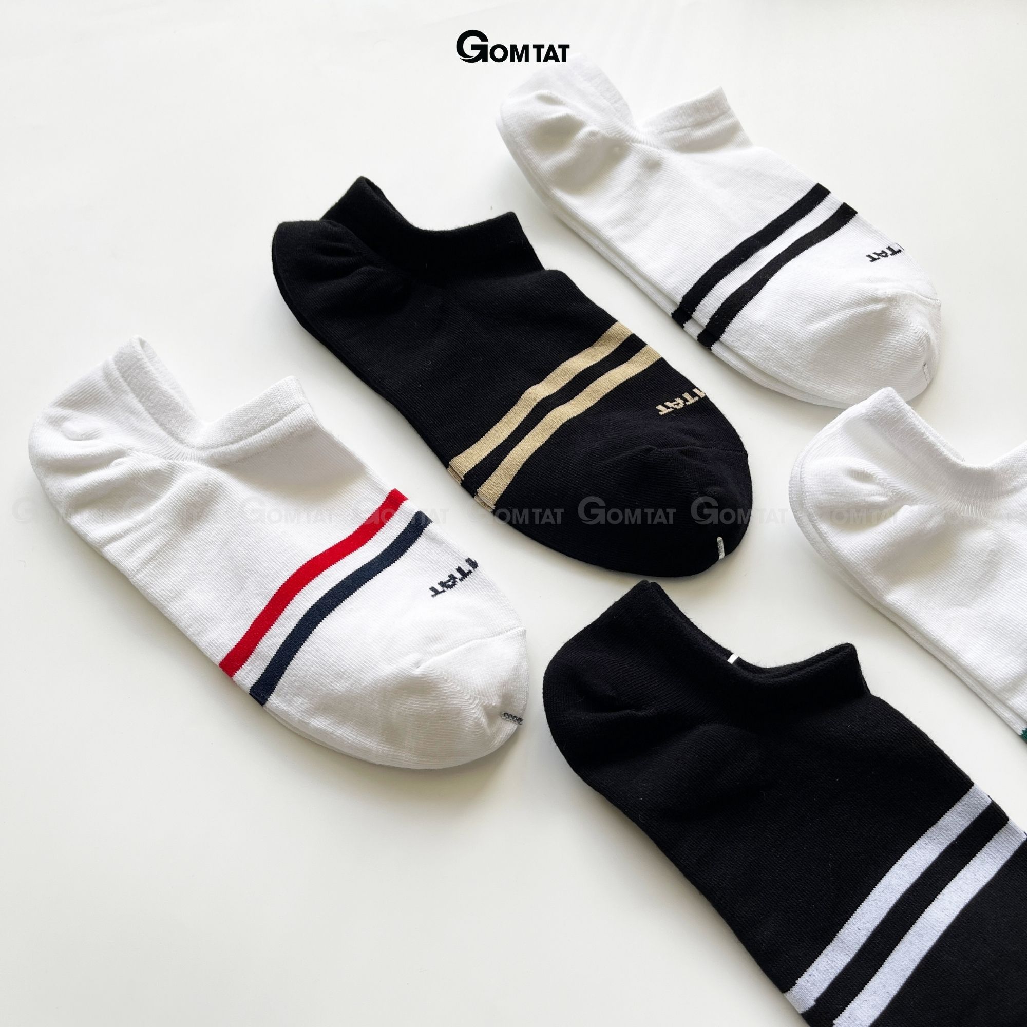 Combo 5 Đôi Tất Cổ Ngắn Nam Nữ GOMTAT Mẫu 2 Sọc Ngang, Vớ Cổ Thấp Unisex Chất Liệu Cotton Cao Cấp - GOM503-2SOC-CB5