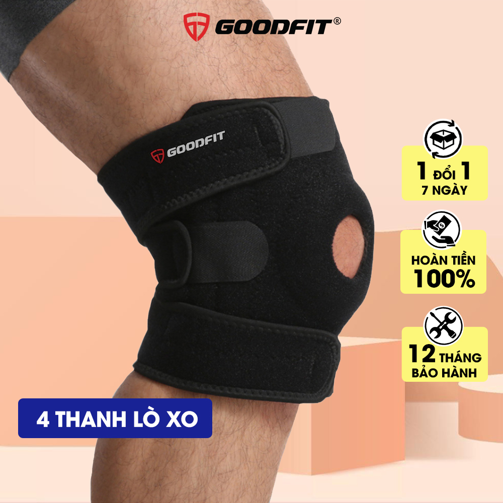 Bó gối thể thao, băng đầu gối thủ môn, băng bảo vệ đầu gối tập gym GoodFit đệm silicone, thanh lò xo trợ lực GF515K