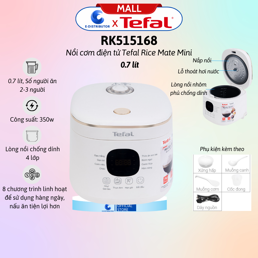 Nồi cơm điện tử Tefal Rice Mate Mini 0.7 lít RK515168 - Hàng Chính Hãng - Bảo Hành 12 Tháng - Dung tích: 0.7 lít Công suất:350W