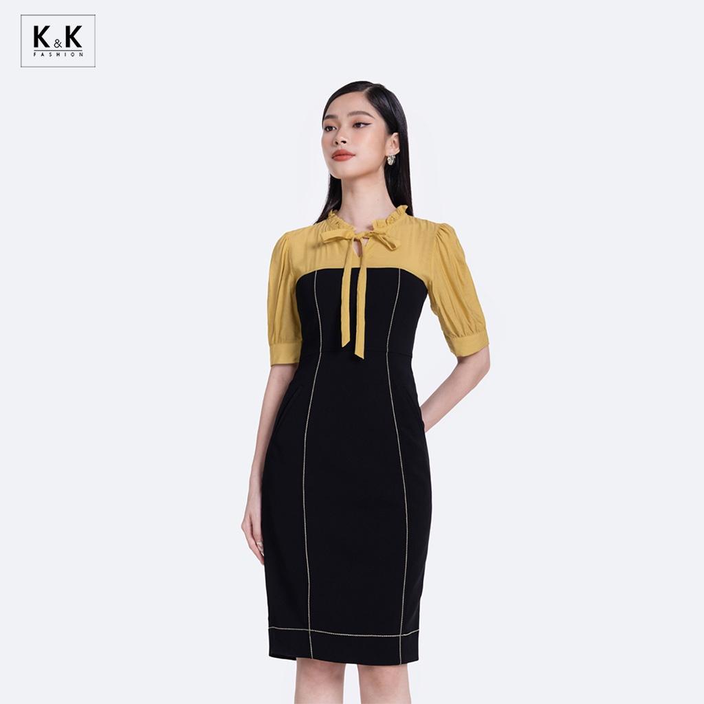Đầm Đen Công Sở Dáng Ôm Phối Màu K&amp;K Fashion KK114-38 Chất Liệu Tuyết Mưa Phối Tơ Xốp