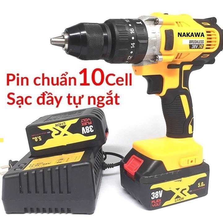 Bộ máy khoan pin 38V khoan tường, khoan sắt, khoan bê tông máy 2 pin, đảo chiều và mũi khoan