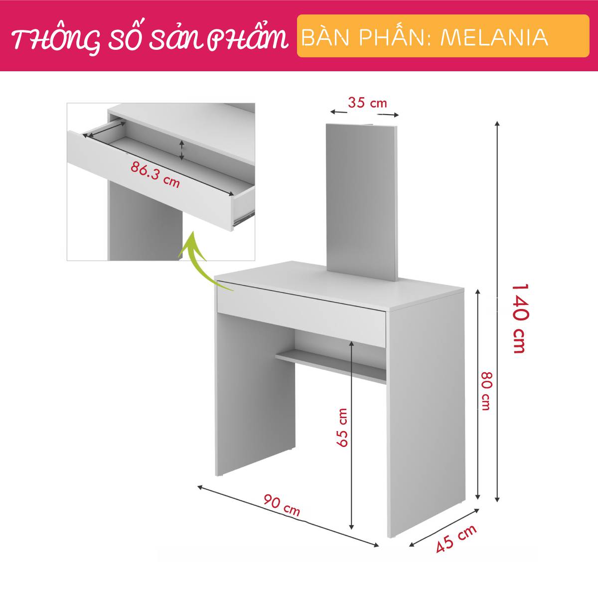 Bàn trang điểm gỗ hiện đại SMLIFE Melania | Gỗ MDF dày 17mm chống ẩm | D90xR45xC140cm