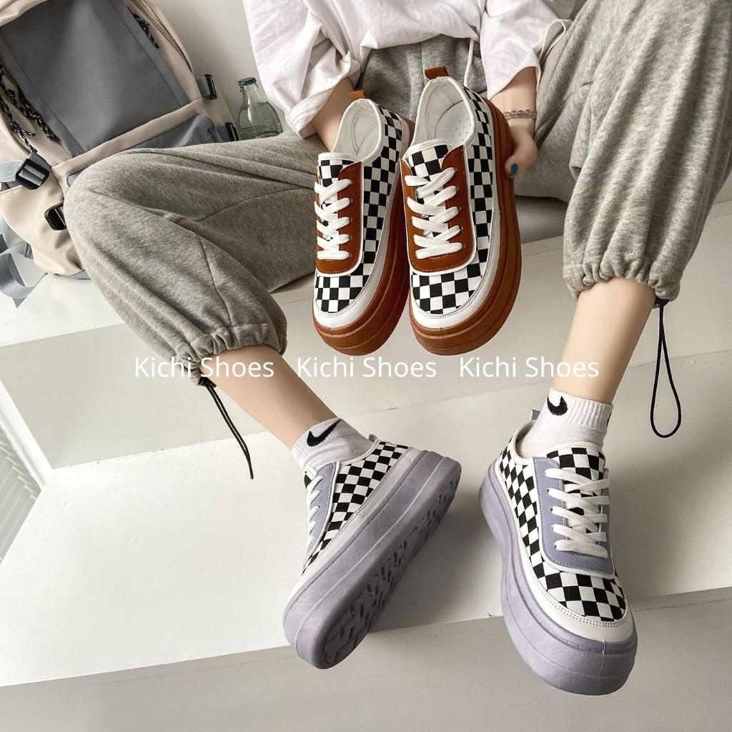 Giày nữ độn đế tăng chiều cao caro Full Box siêu êm chân Giày thể thao đế bằng bánh mì mã 7806 - Kichi Shoes