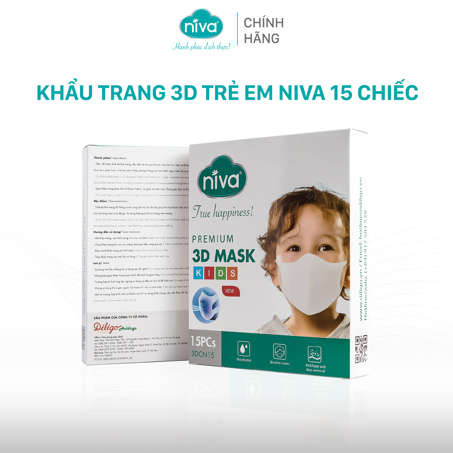 Khẩu Trang 3D Trẻ Em Niva Hộp 15 Cái Cấu Trúc 3 Lớp Ngăn Bụi Mịn Kháng Khuẩn Hàng Chính Hãng Cao Cấp Cho Bé Từ 1-6 Tuổi