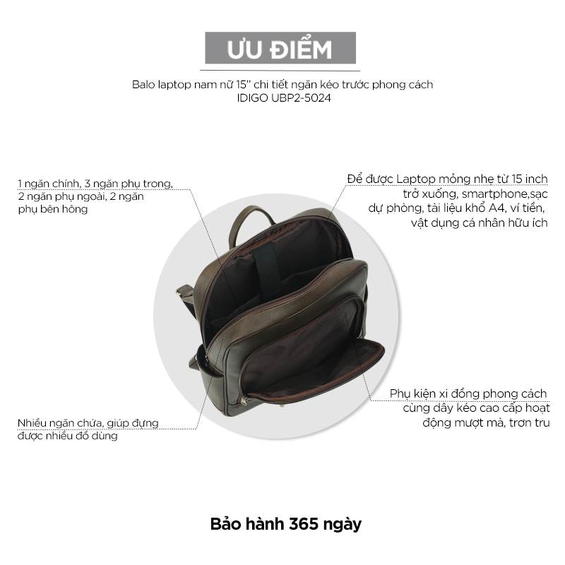 Balo laptop nam nữ 15” chi tiết ngăn kéo trước phong cách IDIGO UBP2-5024-00