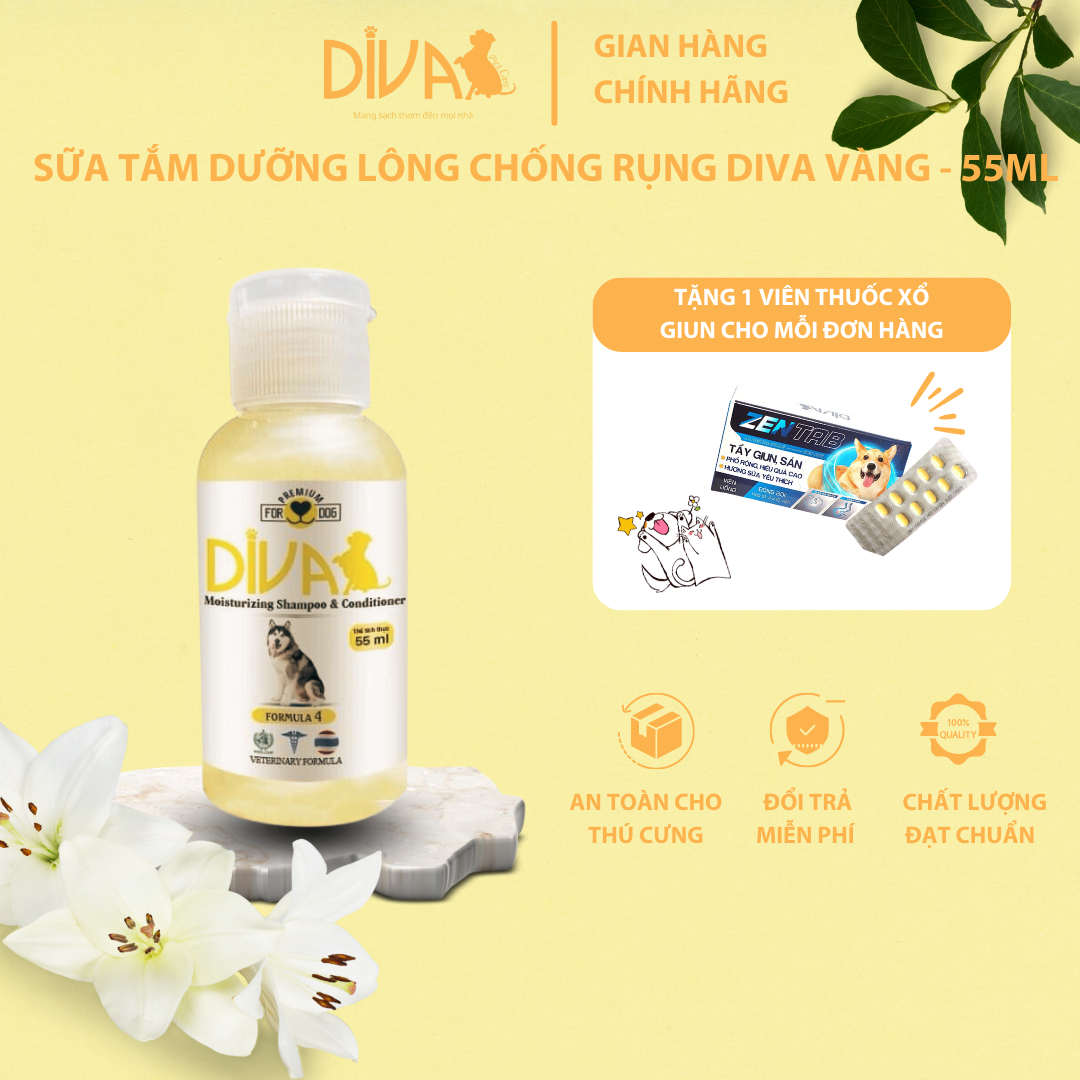 SỮA TẮM CHÓ DƯỠNG LÔNG GIẢM RỤNG DIVA VÀNG 55ML (DIVA FORMULA 4)