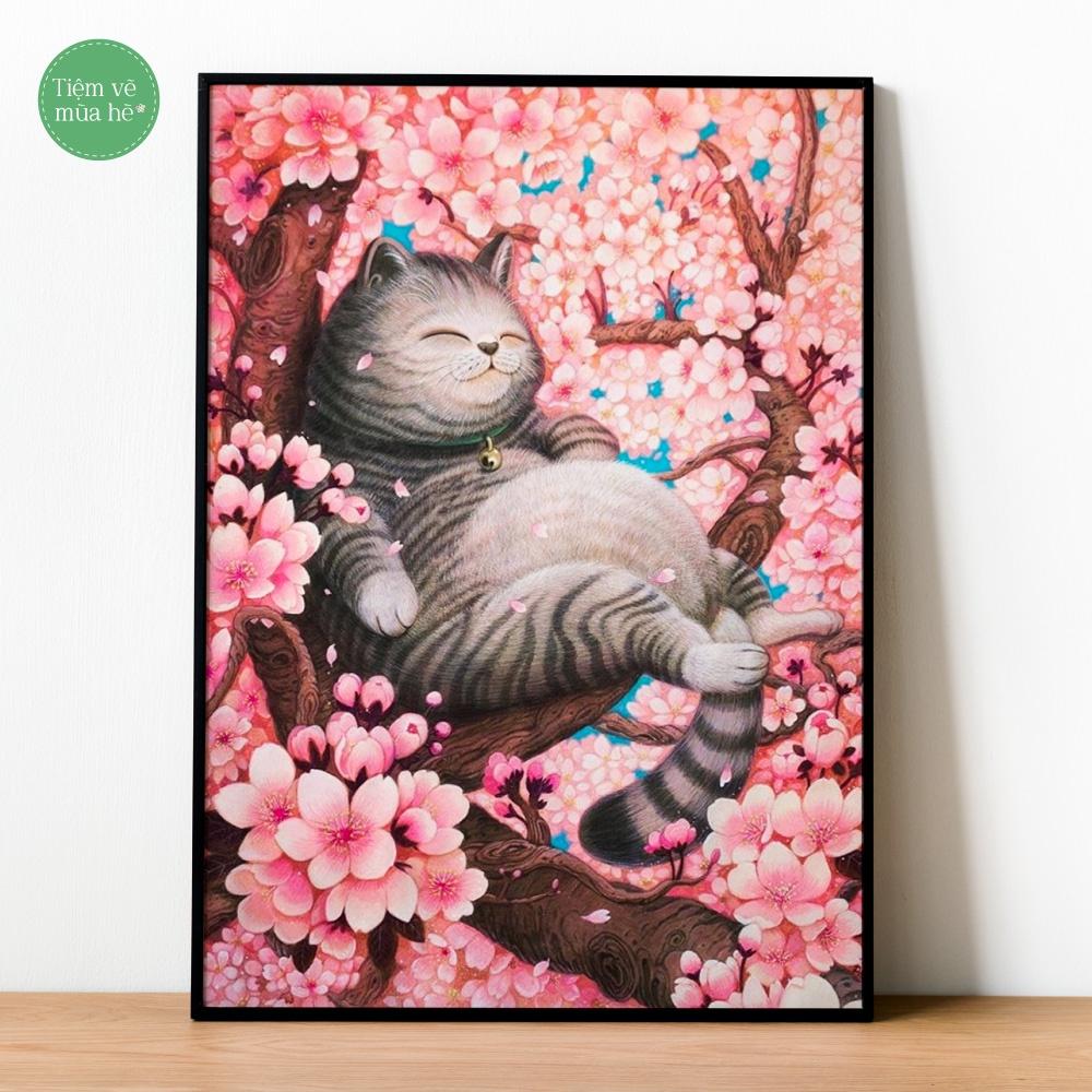 Tranh số hóa - Chú mèo hoa anh đào đã căng khung 40x50cm 24 màu