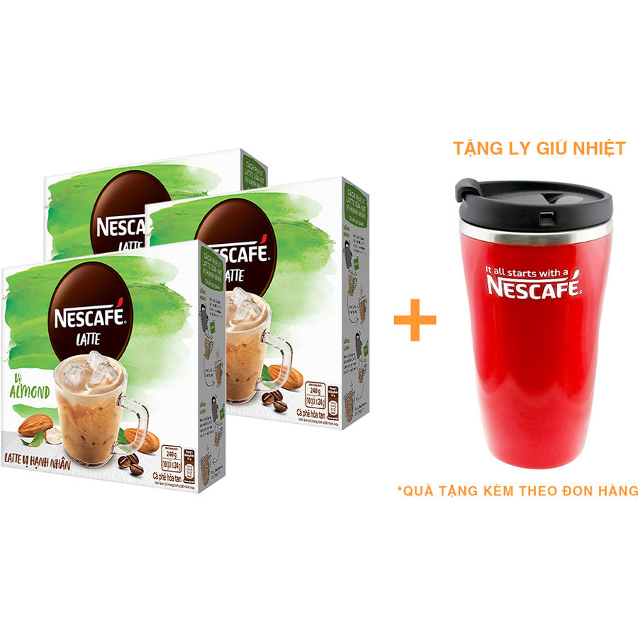 Combo 3 hộp cà phê hòa tan Nescafé Latte sữa hạt vị hạnh nhân (Hộp 10 gói x 24g) - [Tặng bình giữ nhiệt]