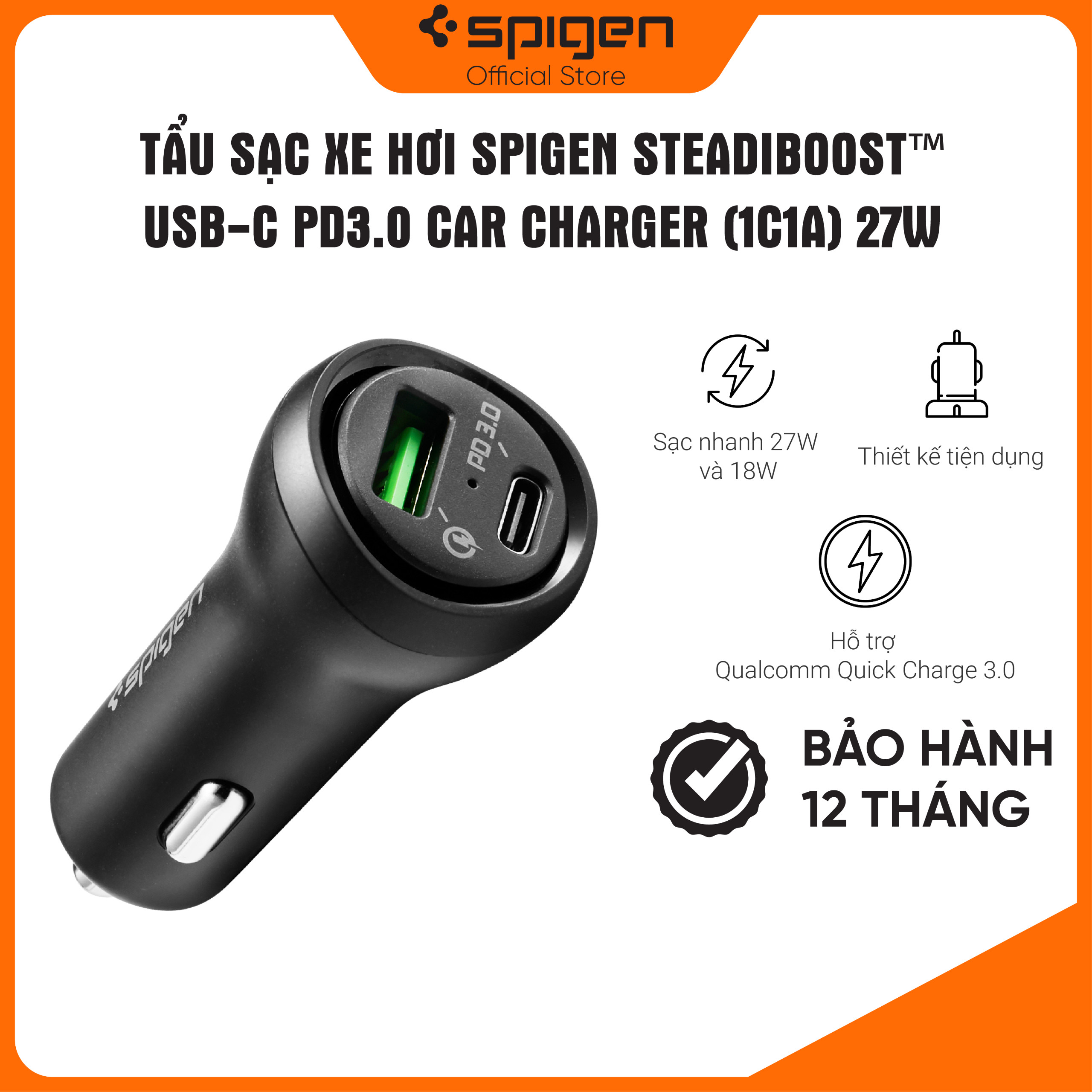 Tẩu Sạc Xe Hơi Spigen SteadiBoost Usb-C Pd3.0 Car Charger (1c1a) 27w - Hàng Chính Hãng