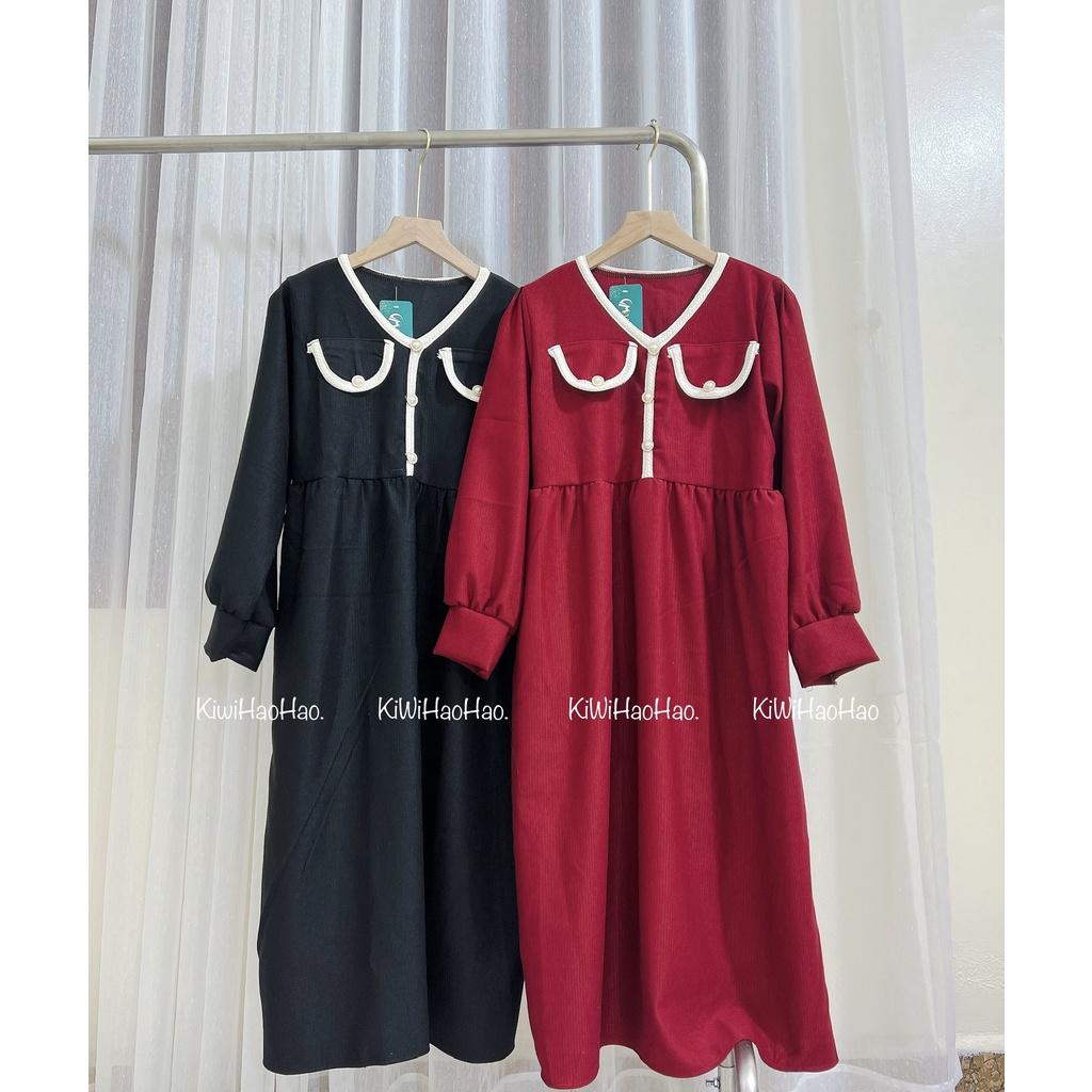 Váy bầu Nhung tăm lụa Đầm bầu thu đông công sở thiết kế đẹp sang trọng cho mẹ bầu đi làm dự tiệc