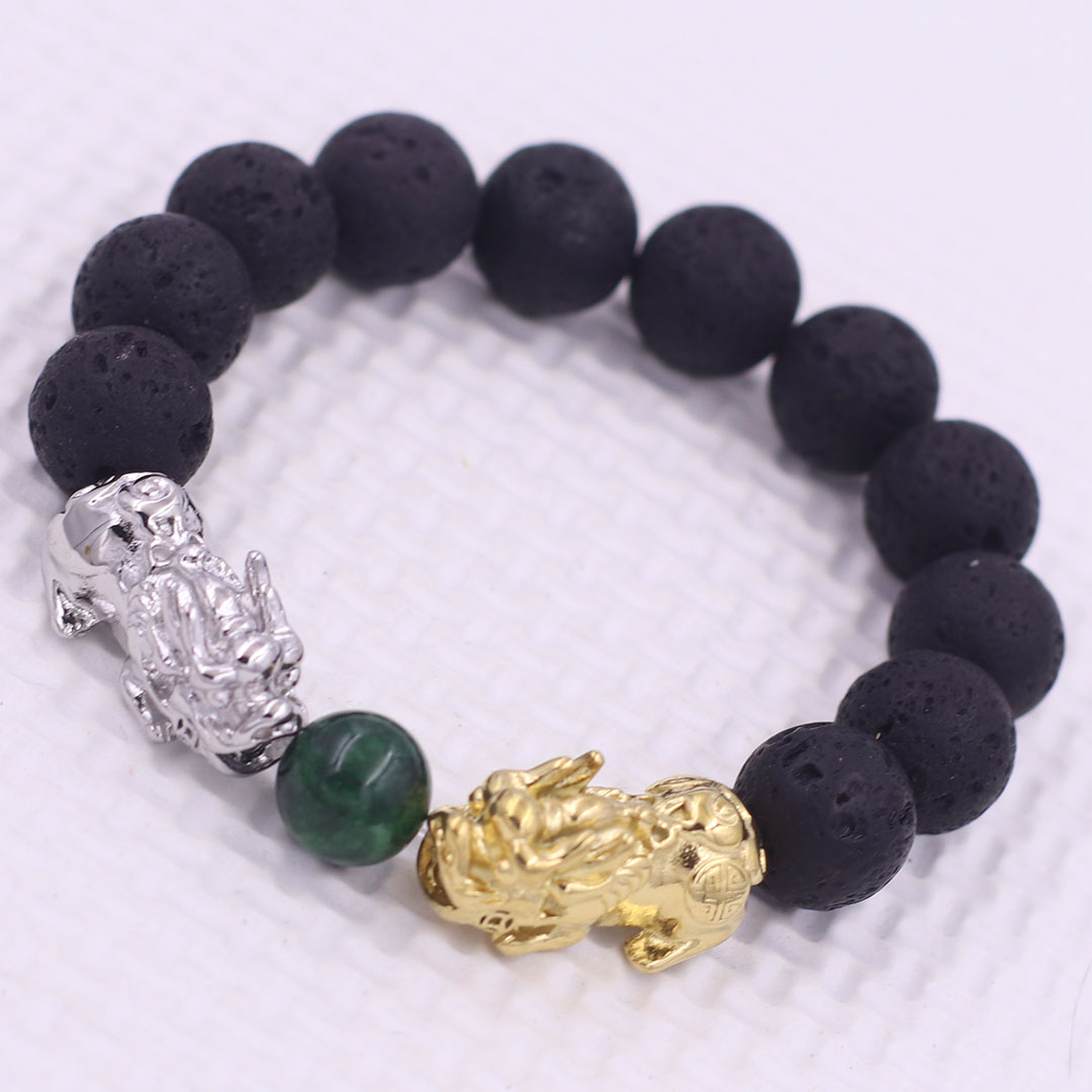 Vòng chuỗi đeo tay đá núi lửa 12 ly charm tỳ hưu đôi inox trắng và vàng, vòng chuỗi phong thủy, charm tỳ hưu, vòng tay hạt chuỗi