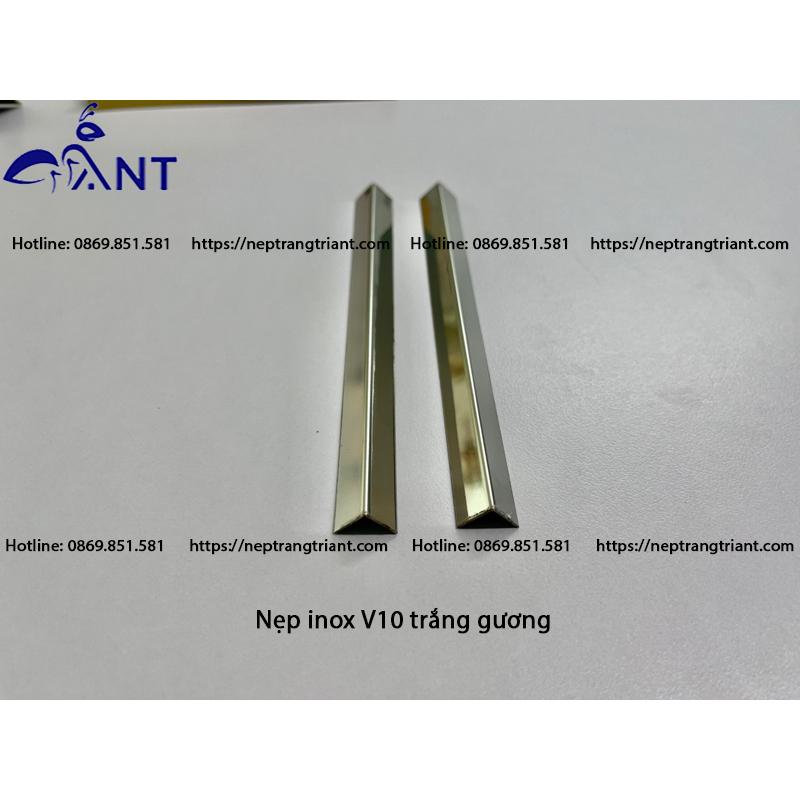 Nẹp inox chữ V trắng gương, Nẹp v inox, chỉ inox trang trí, loại dày 0.8li bào chấn vuông góc, thanh dài 2m44