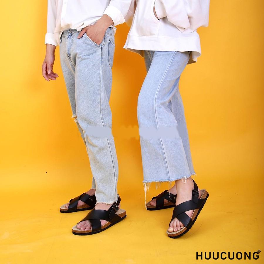 Giày Sandal Unisex Huucuong quai chéo đen đế trấu handmade