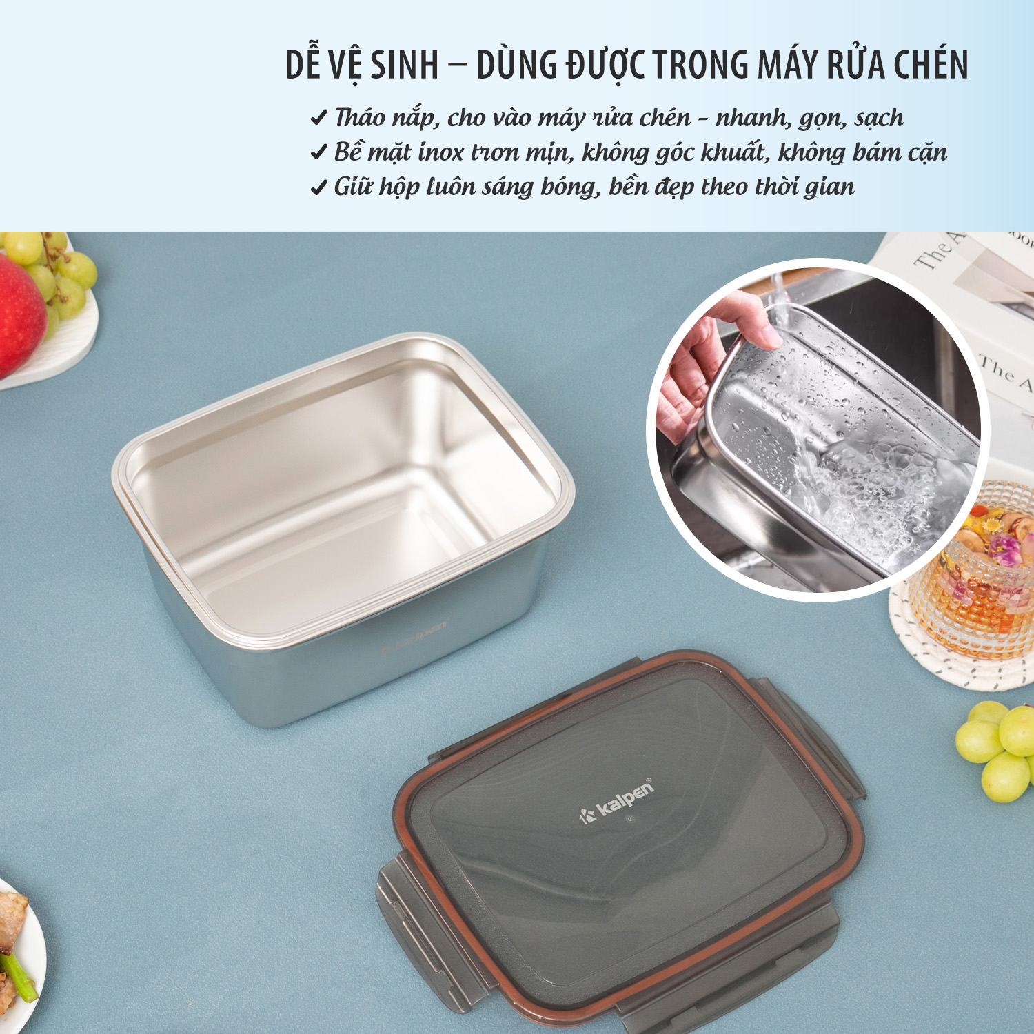 Hộp Inox 304 bảo quản thực phẩm Kalpen 2800ml dùng trong lò vi sóng
