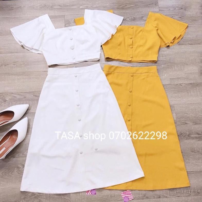 TSL-ảnh video thật, set áo croptop cổ vuông tay bèo kèm chân váy chữ a dài đính nút màu vàng chanh cực xinh TASA