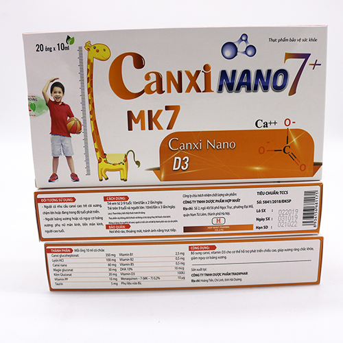 Thực phẩm bảo vệ sức khỏe hộp 20 ống Canxi Nano 7+ bổ sung canxi, giúp xương chắc khỏe và hỗ trợ tăng chiều cao cho trẻ