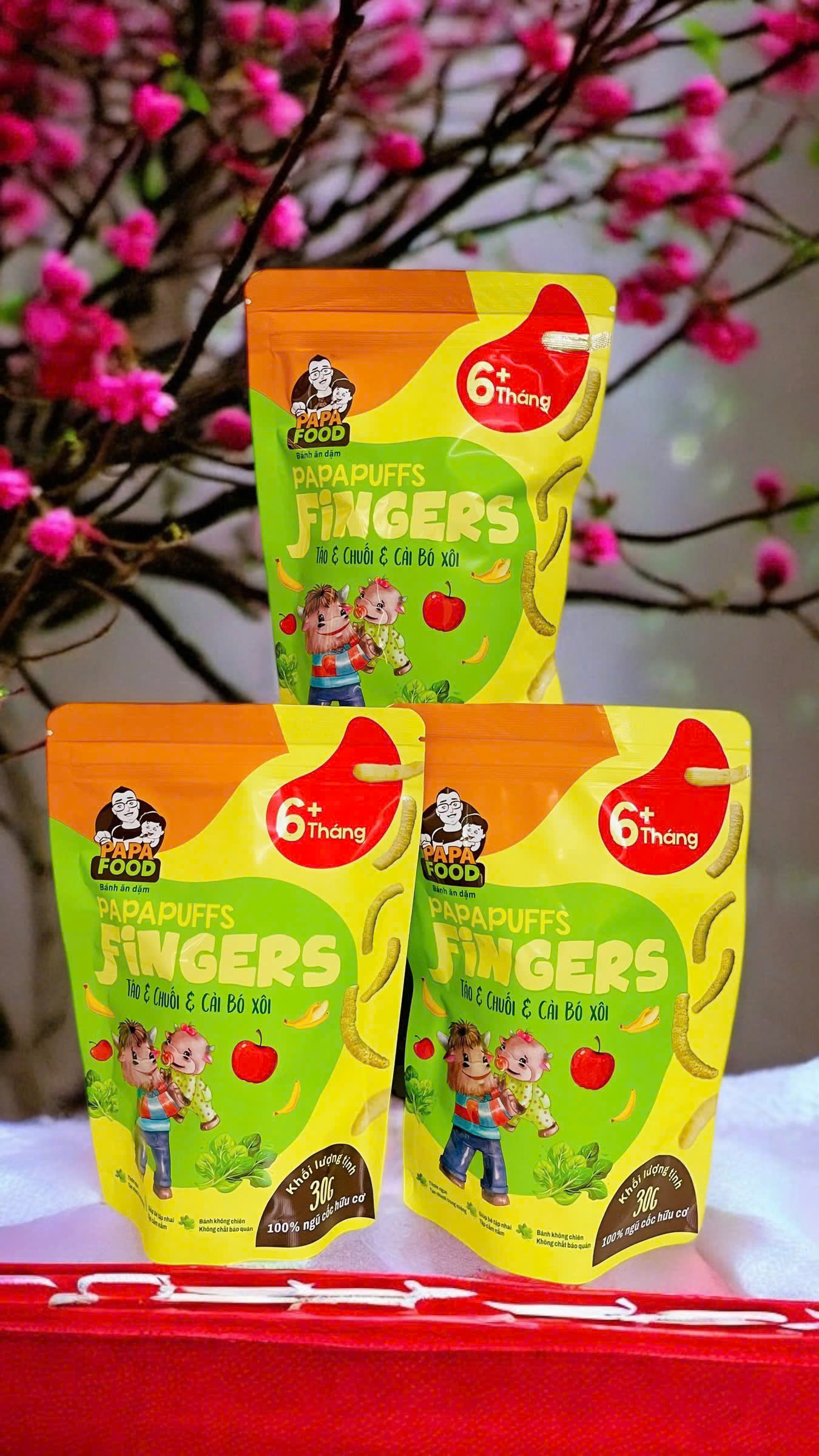Bánh ăn dặm PAPAFOOD PAPAPUFFS Chuối &amp; Táo &amp; Cải Bó Xôi - 100% Ngũ Cố Hữu Cơ - Gói 30G