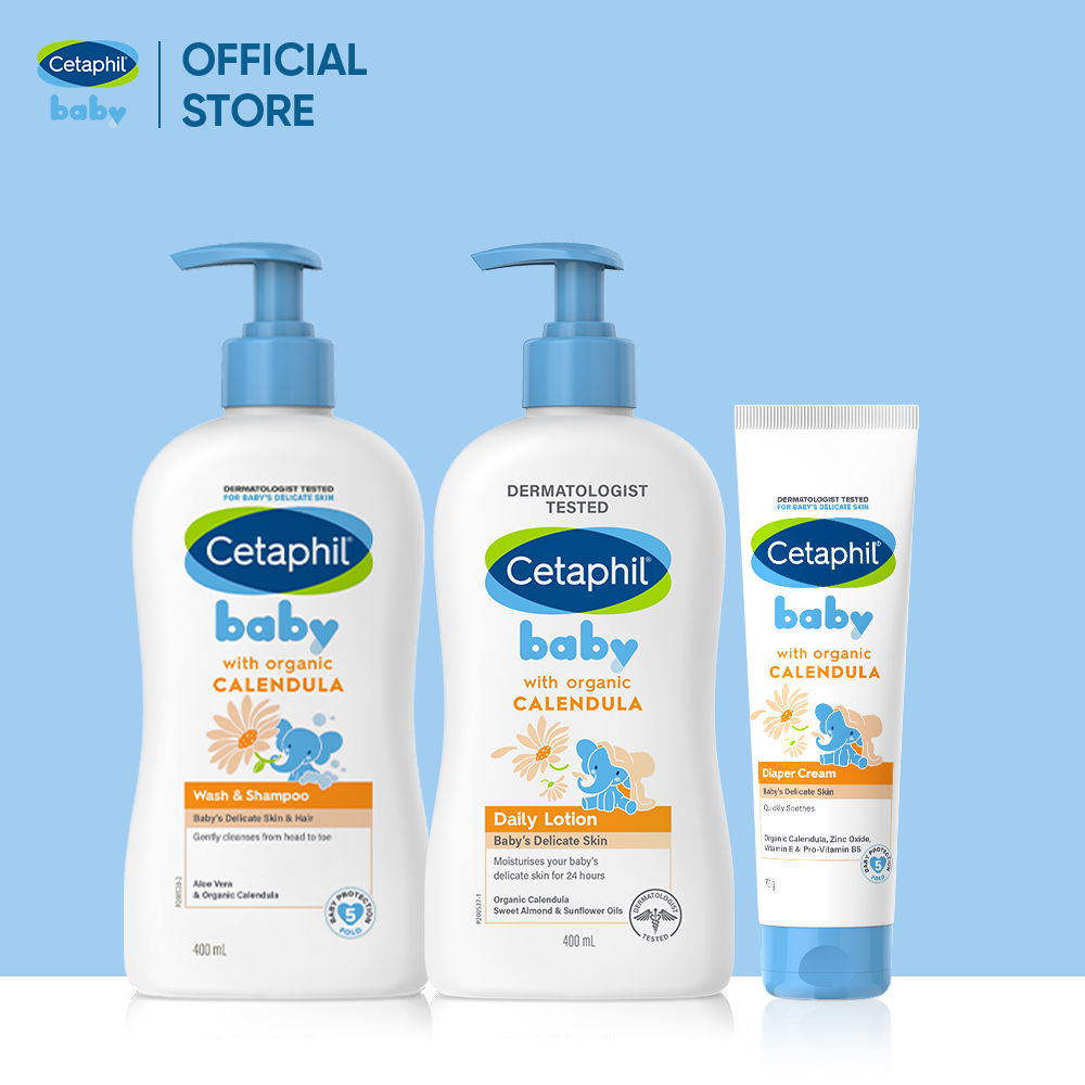 Bộ Sữa tắm gội 400ML + Sữa dưỡng ẩm 400ML + Kem chống hăm tã 70G CETAPHIL BABY WITH ORGANIC CALENDULA