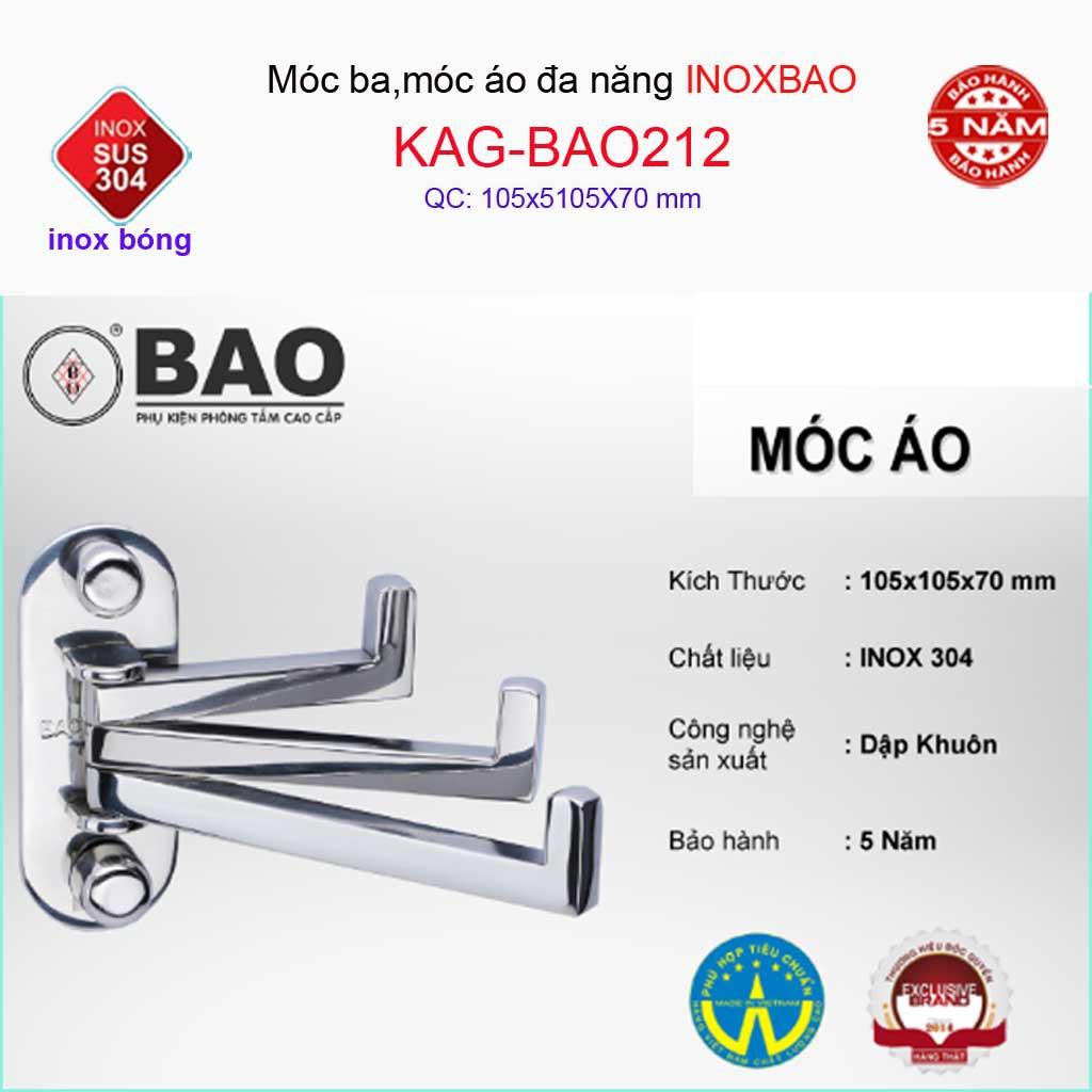 Móc 3 Inox Bảo KAG-BAO212, Móc xoay 180 độ treo đồ nhà tắm SUS304 thiết kế tuyệt đẹp sang trọng tinh tế đến từng chi tiế