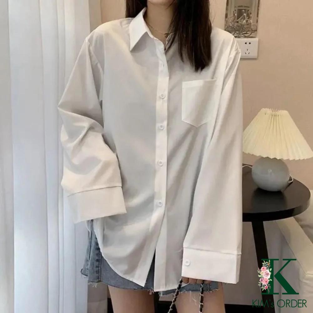 Áo sơ mi nữ màu trắng cổ sơ mi dài tay phom rộng chất mềm mịn loại 1 basic style Hàn Quốc đi học đi làm đủ size