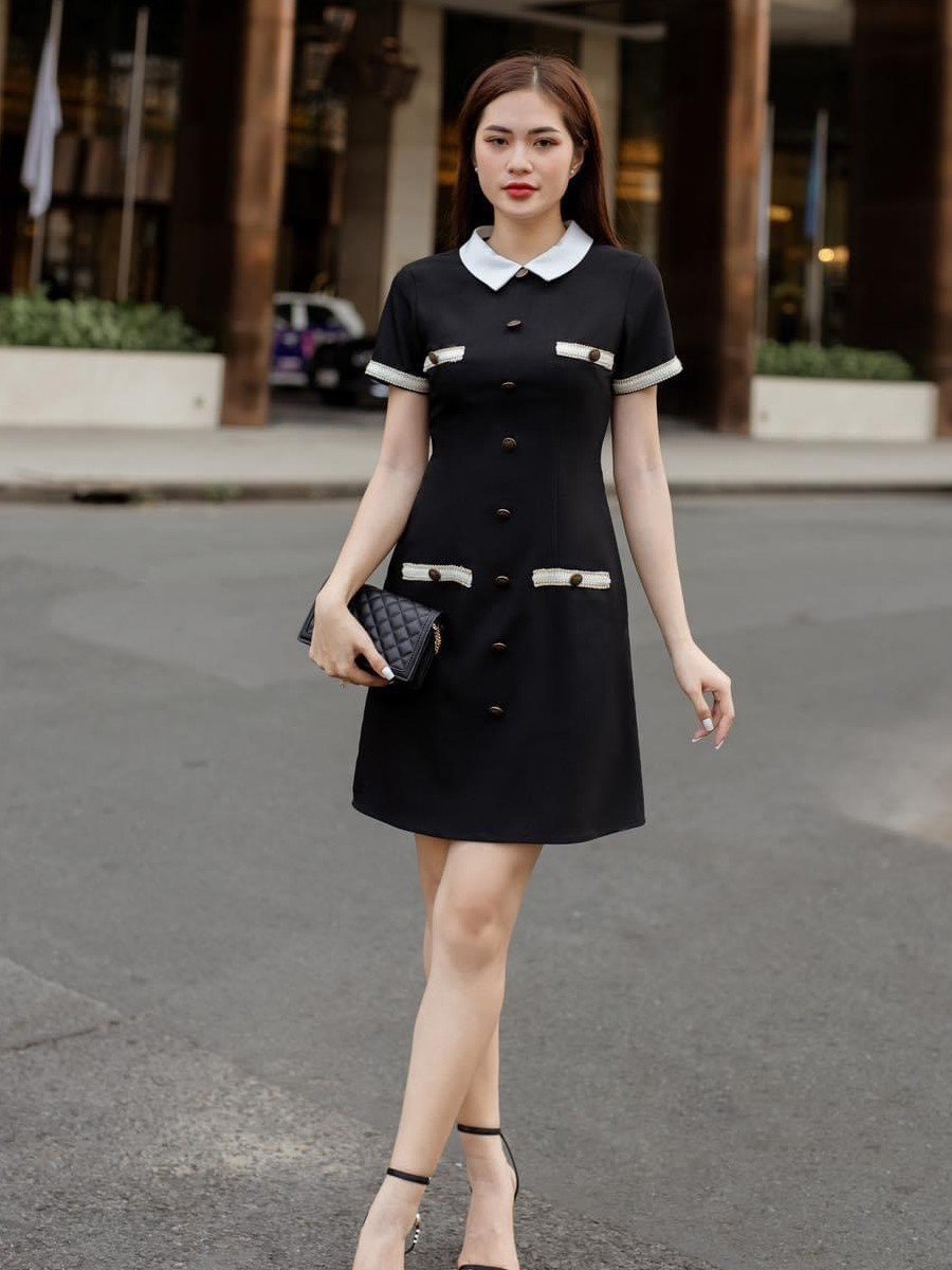 Đầm suôn cổ trắng phối nút - D069- Lady fashion- Khánh Linh Style