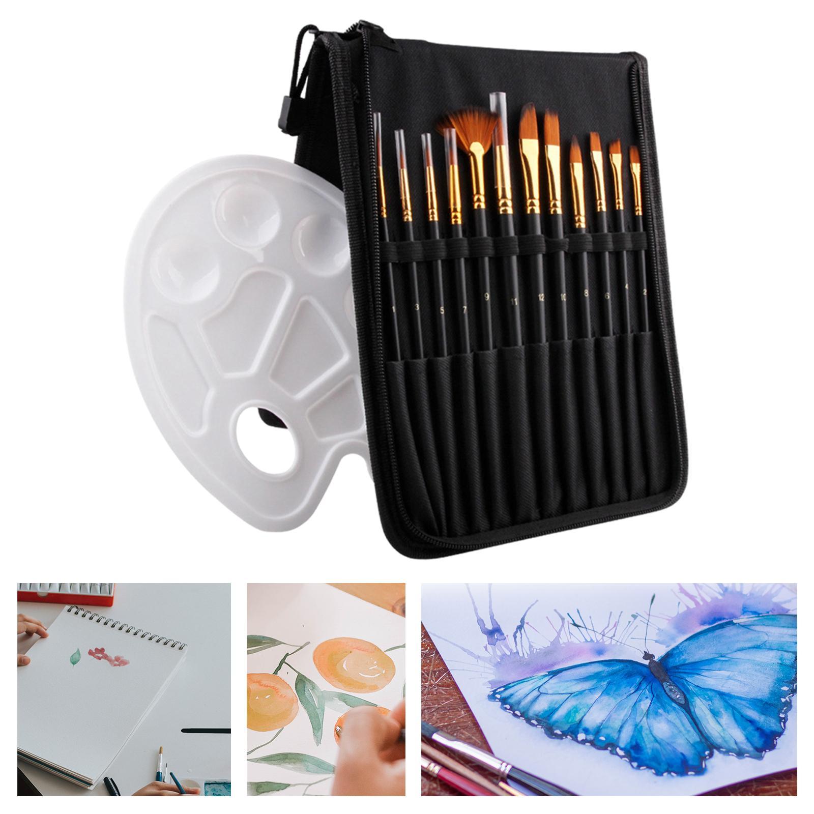 14 Pack Paint Brush Set with 12 Brushes, 1 Palette and 1 Carrying Case for Watercolor, Oil, Acrylic Painting