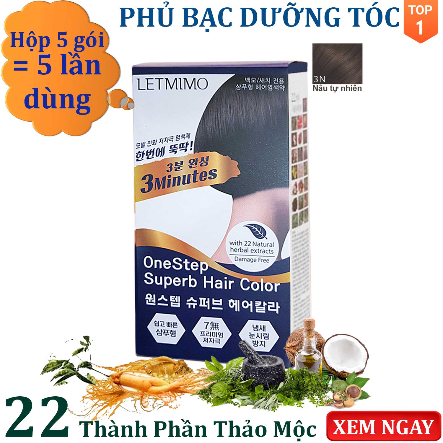 Màu nhuộm tóc đen 2N tiện dụng tại nhà, Hộp 5 Gói/5 lần dùng, bestke