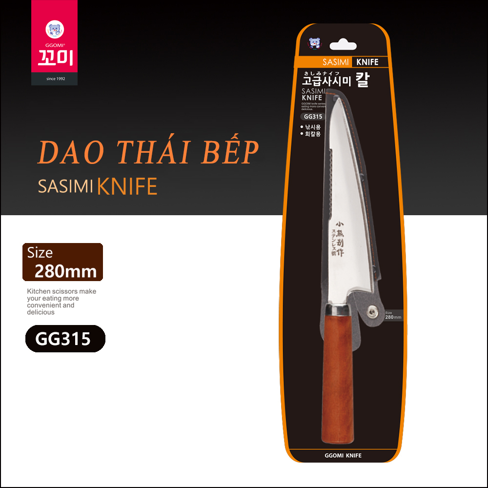 [HÀNG CHÍNH HÃNG] Dao thái dài 28cm, lưỡi dao dài 26cm bằng thép không gỉ, chức năng lọc vảy cá của GGOMi Hàn Quốc GG315