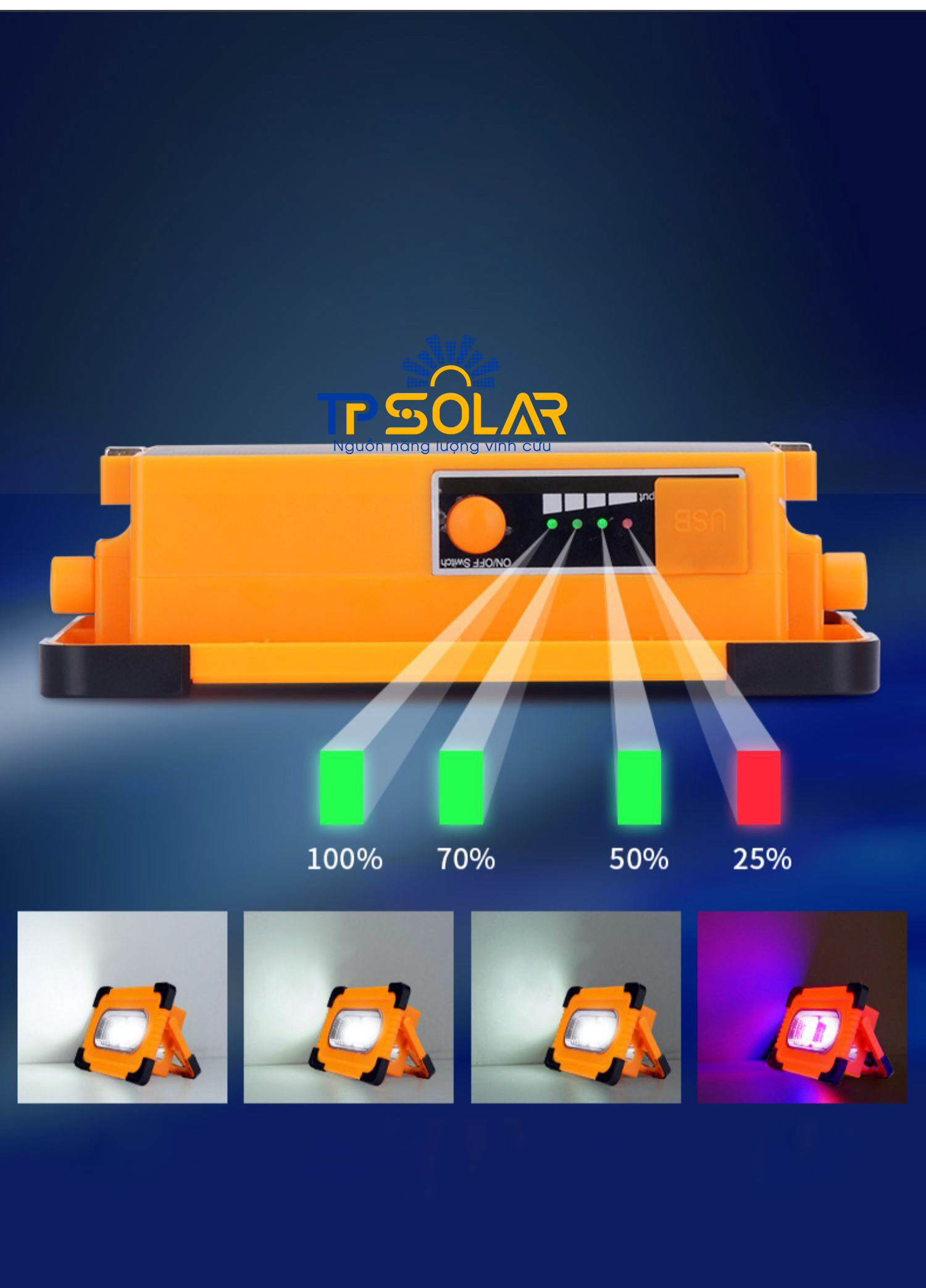 Đèn Pin Cầm Tay Năng Lượng Mặt Trời TP Solar TP-X70 Công Suất 70W Chống Nước IP65