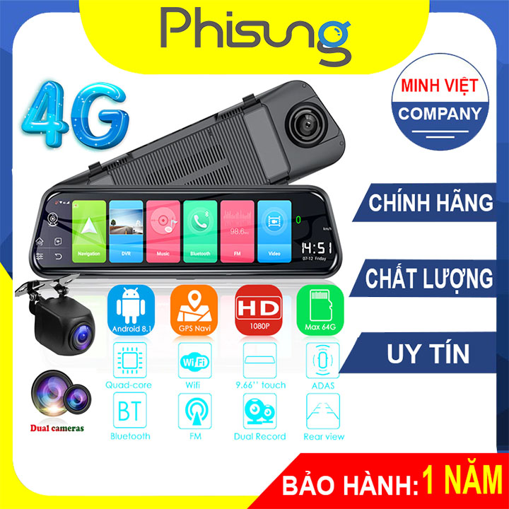 Camera hành trình gương ô tô Phisung Z55, 4G, Wifi, 10 inch- Hàng chính hãng