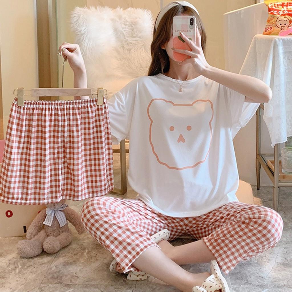 Bộ đồ ngủ, đồ ngủ nữ 3 chi tiết viền gấu hồng pijama thun sữa cotton hàng Quảng Châu siêu đẹp