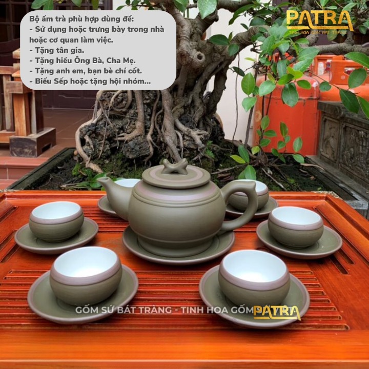 Bộ ấm chén uống trà cao cấp , bộ ấm trà Bát Tràng - trường sa trống đai xanh