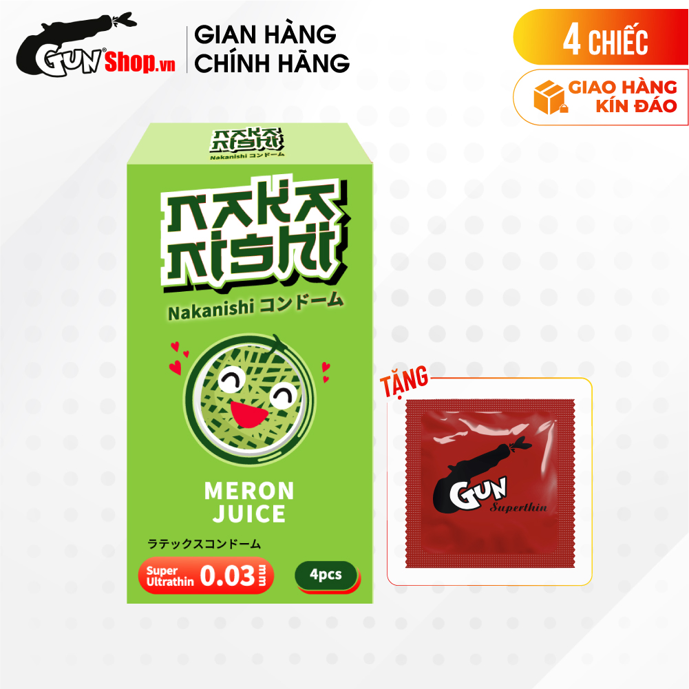 [Hộp 4 cái] Bao cao su Nakanishi - Siêu mỏng 0.03mm - Hương dưa lưới kèm 1 chiếc BCS Gun Super Thin