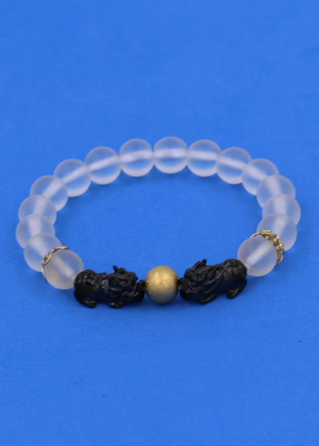 Chuỗi hạt đeo tay Thạch Anh Trắng Mờ size 8 ly, 10 ly, 12 ly - Vòng tay Tỳ Hưu Đôi inox đen VTATMTHHEV8 - hợp mệnh Kim, mệnh Thủy