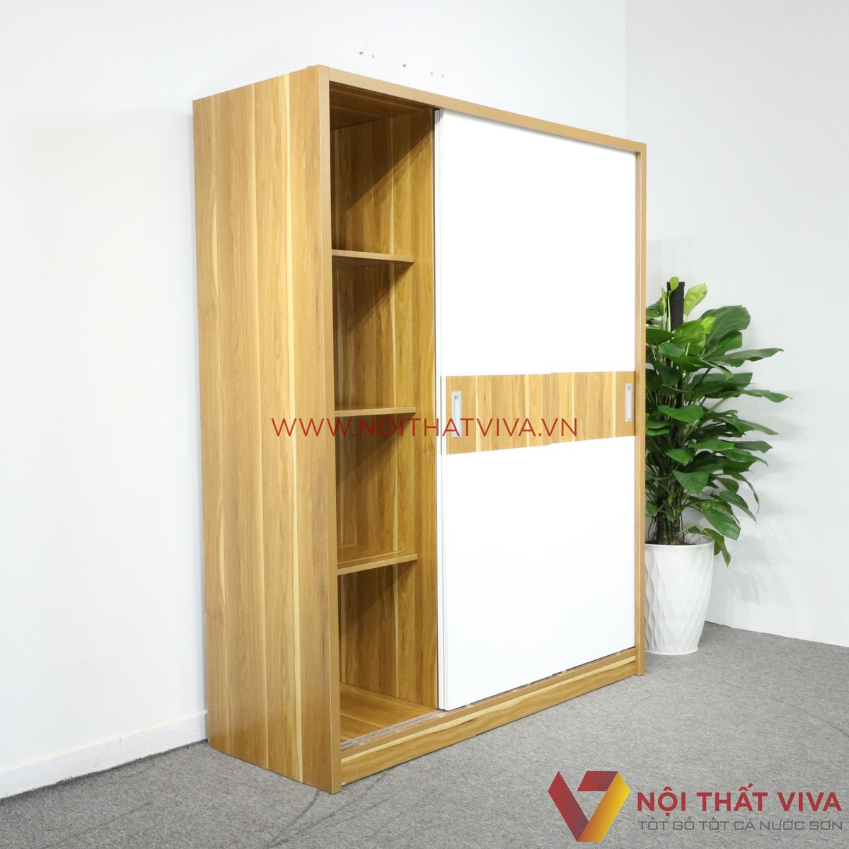Tủ Áo 3 Cánh Cửa Lùa Gỗ MDF Melamine Màu Sọc Vàng Cánh Trắng Đẹp Giá Rẻ