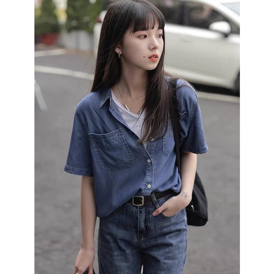 MS683 Áo sơ mi jeans nữ cộc tay hai túi, áo bò túi ngực