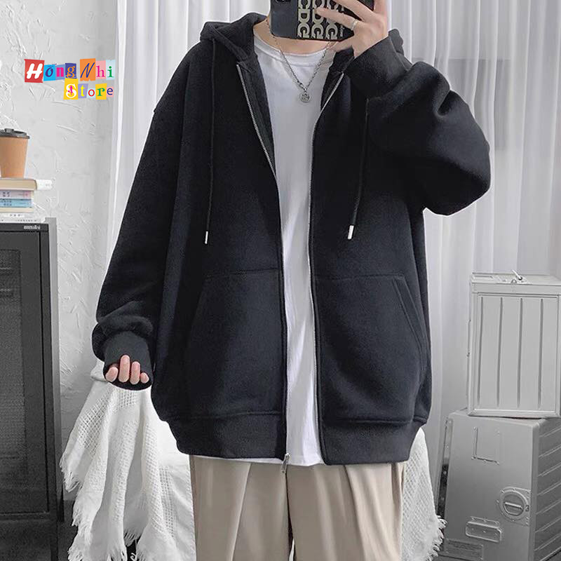 Áo Khoác Hoodie Zip Nỉ Trơn Tay Phồng Dây Kéo Dáng Rộng Nam Nữ Oversize Ulzzang Unisex - MM