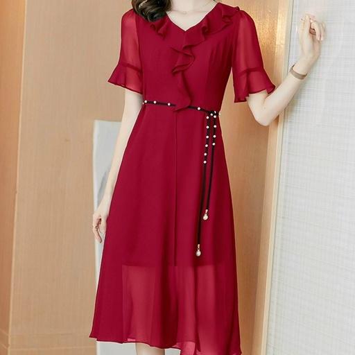 Đầm voan nữ trung niên cách điệu dự tiệc công sở dạo phố đỏ đen đơn giản