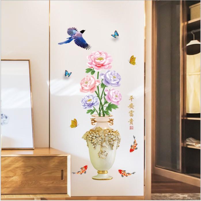 Decal trang trí bình hoa cá và bông sắc màu