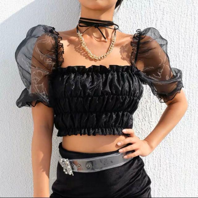 Áo nhún croptop bồng tay lưới kiếng