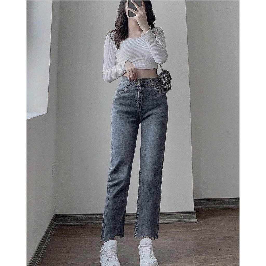 Quần Jean Nữ Ống Đứng Cạp Cao Gấu Rách Cá Tính ThunderUnisex Chất Vải Dày Dặn Mềm Mại Phong Cách Ulzzang Fullsize