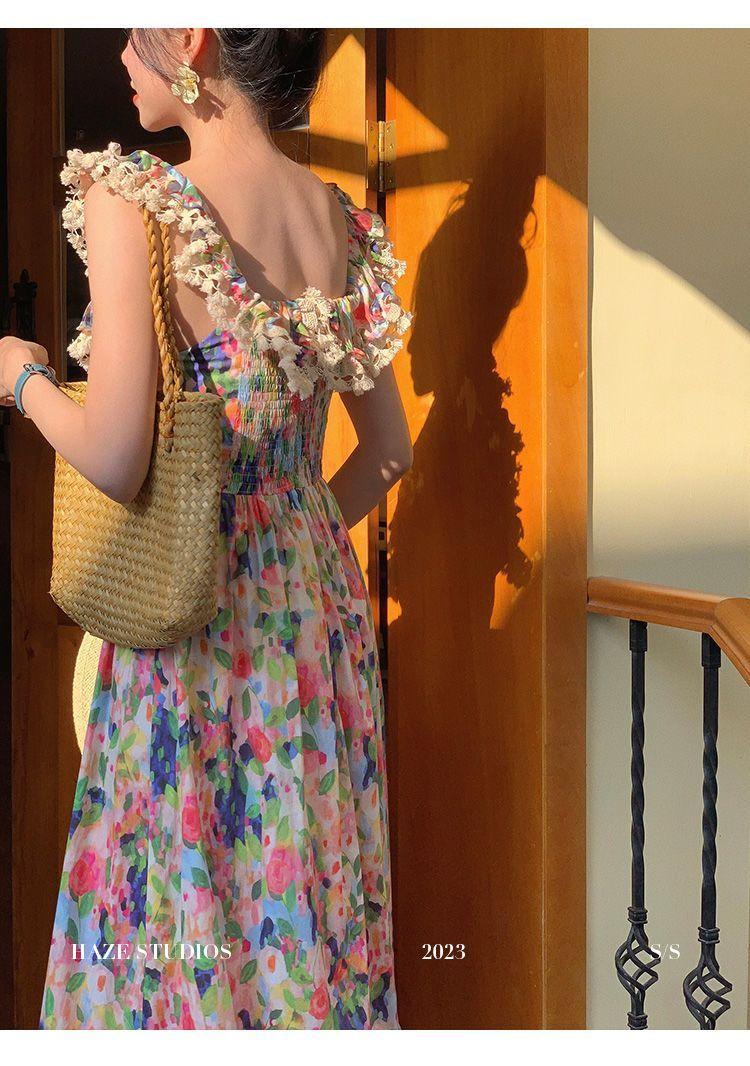 TOBE1SHOP 2023 Xuân và mùa hè Pháp Vintage váy một chiều vai trà nghỉ váy hở vai tranh sơn dầu in đầm mùa xuân nữ