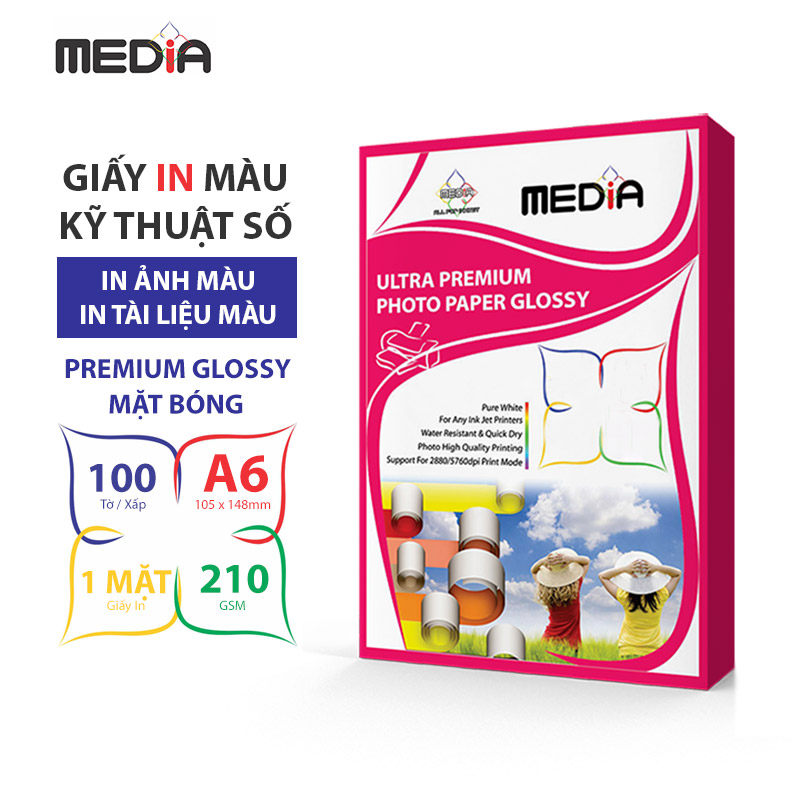 Giấy In Màu Kỹ Thuật Số MEDIA 1 Mặt Bóng (Glossy) Khổ A6 (105 x 148mm) Định Lượng 210gsm 100 Tờ, In Ảnh Màu In Tài Liệu Màu - Hàng Chính Hãng