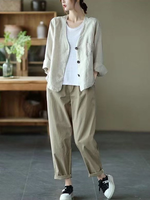 Hình ảnh Áo vest-blazer dáng suông tay dài chất liệu đũi mềm mát phong cách công sở trẻ trung Đũi Việt Dv07