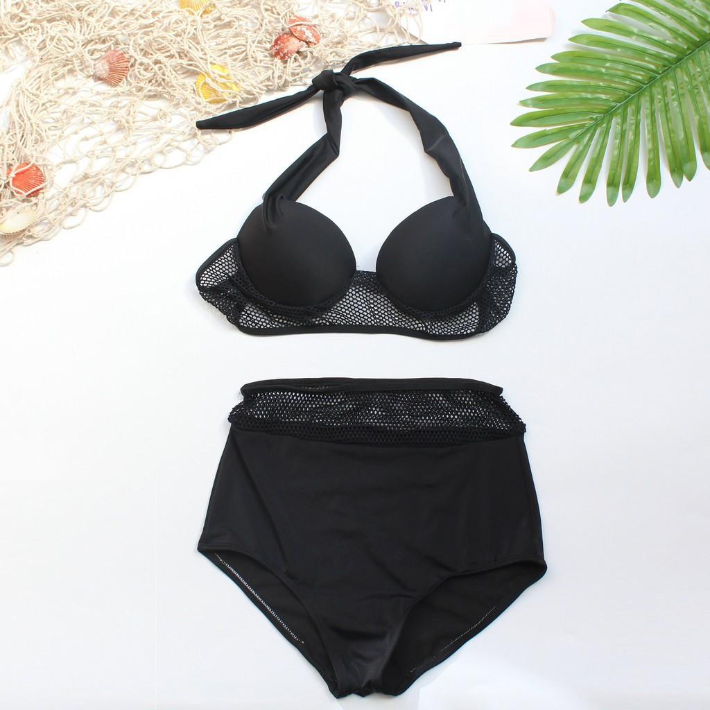 Bikini Đồ Bơi Đi Biển Hai Mảnh Áo Nâng Ngực Phối Lưới Quần Cạp Cao Che Bụng R25