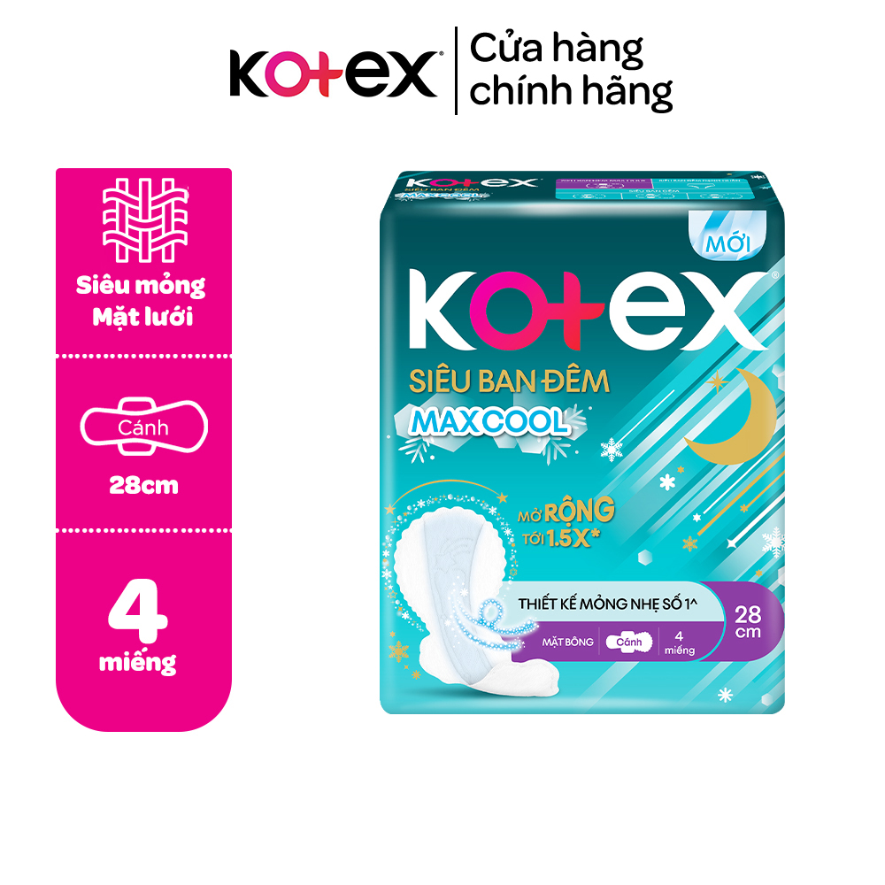 Băng vệ sinh Kotex ban đêm cool mặt lưới 4 miếng 28 cm siêu mỏng cánh