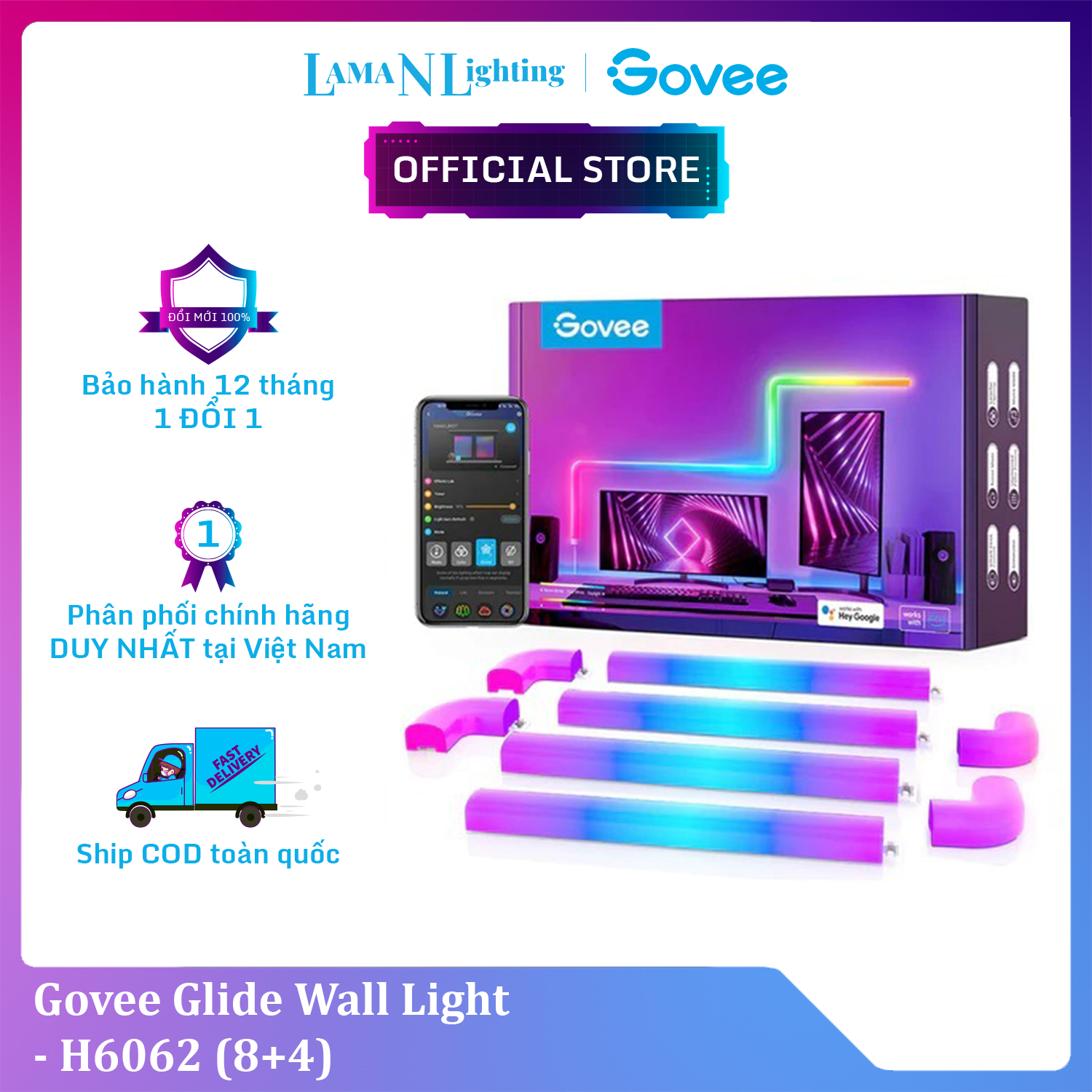 Đèn LED treo tường Govee Glide Wall Light H6062 | DIY, công nghệ RGBIC 16 triệu màu tùy chỉnh, kết nối thông minh | Hàng chính hãng